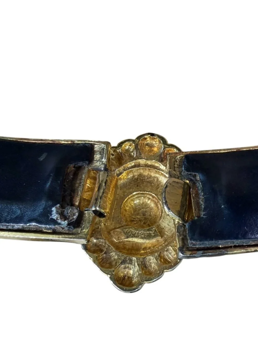 Judith Leiber Venetian Style Belt Black Snakeskin Gold Tone Metal Double Buckle